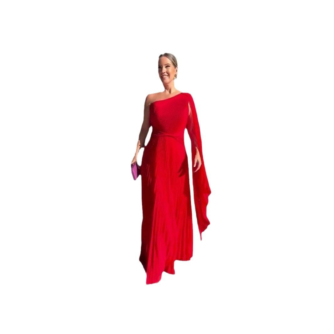 Fashion Diagonal Collar Raglan Sleeve Cinched Waist Slim-fit Long Dress