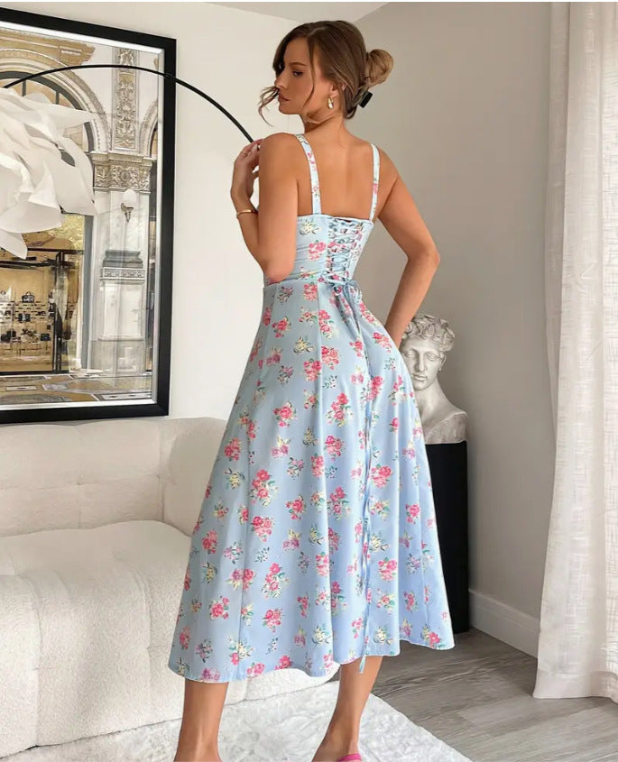 Women's Chest Strap Long Sexy Split Sling Floral Dress