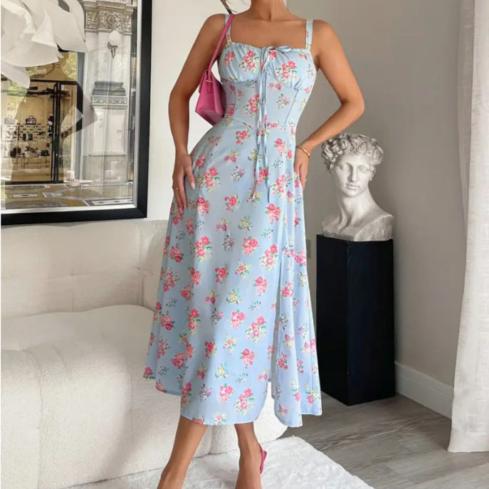 Women's Chest Strap Long Sexy Split Sling Floral Dress